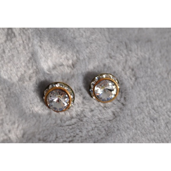Silver Toned Metal Pierced‎ Stud Earrings with Clear Rhinestones 1.5" - Picture 11 of 16